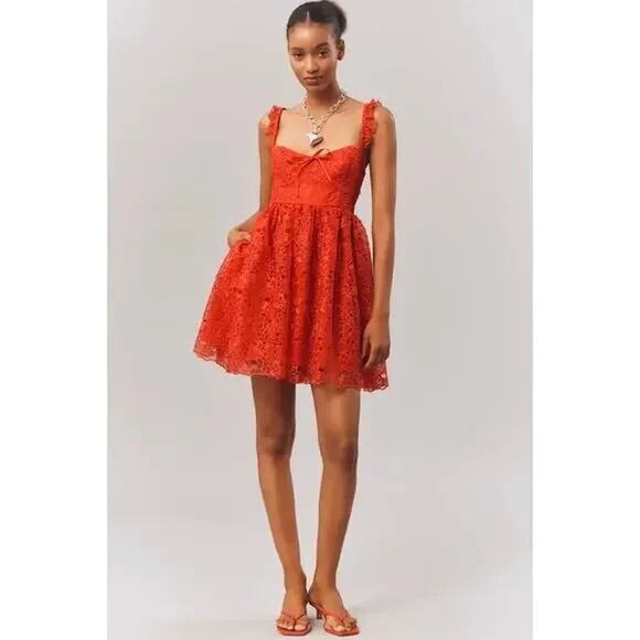 NWT Anthropologie Ruffle-strap Corset Lace Mini Dress Size S Red #8G507 - Picture 3 of 10